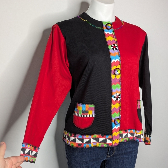 Vintage LRW Red Black Colorful Color Block Mixed Print Button Up Top M - Picture 4 of 7